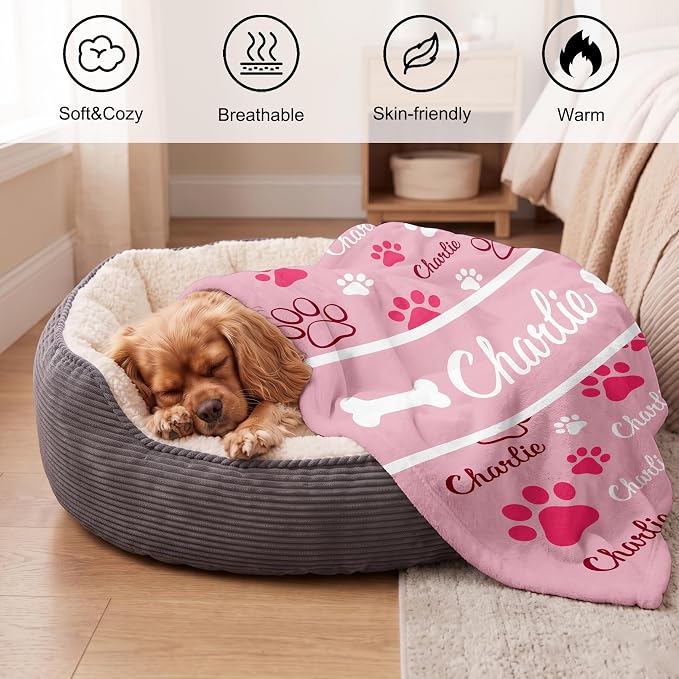Personalized Dog Blanket, Customized Pet Blankets with Name Picture, Throw Blanket for Small Medium Large Dog Puppy Cat (E-Pink)