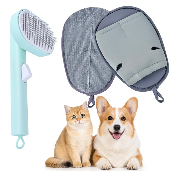 2 Pack Pet Hair Remover Kit Self Cleaning Slicker Brush for Cats Dogs & Electrostatic Grooming Glove One-Click Deshedding Brush Pet Hair Remover for Furniture Couch Clothes (Green)