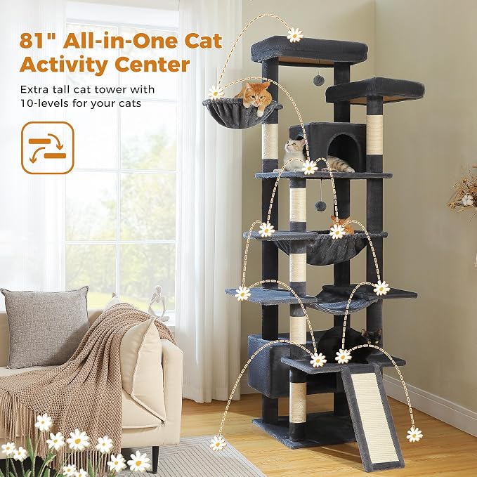 MUTTROS 81 Inch Tall Cat Tree for Big Cats & Multi-Cat Homes, Large Heavy Duty Cat Tower with Metal Frame Hammock, 6 Scratching Posts, 2 Condos, 2 Perches, Scratching Pad - Dark Grey