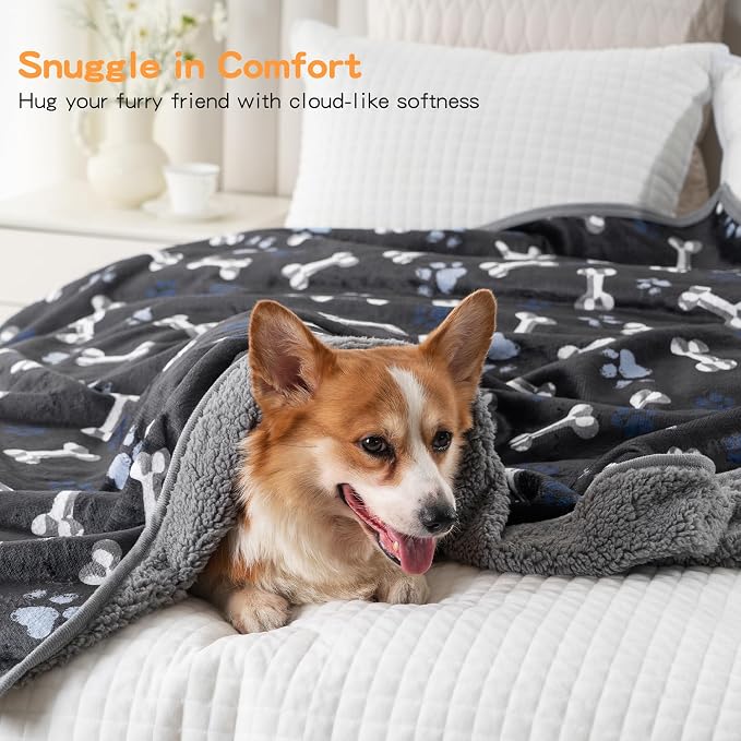 Waterproof Dog Blankets Pet Blanket 50"x60", Soft Fluffy Sofa Car Bed Protector, Reversible Sherpa Fleece Dog Blanket for Large Dogs(Navy Paws)
