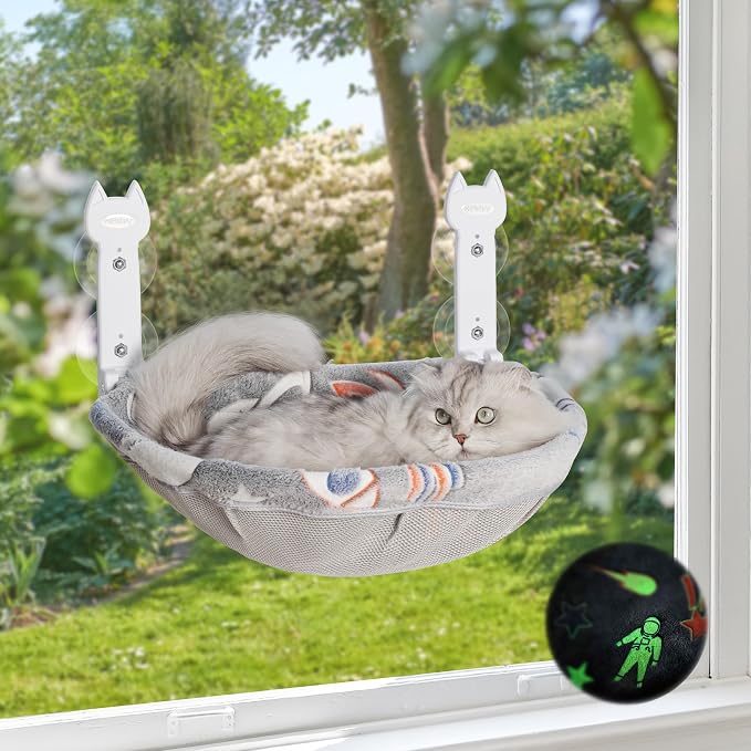 HiPetpy 1 Pack Cat Window Perch, Glow in The Dark Foldable Cat Hammock with Sunken Design & Removable Soft Cover, Breathable Cordless Window Bed for Resting Indoor Kitten (Grey Deep Perch, 1 Pack - M)