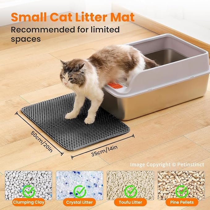 Small Cat Litter Mat, Double Layer Honeycomb Litter Box Mat | 20x14”, Reduces Litter Tracking, Waterproof, Non-Slip, Soft on Paws, Scratch Resistant, Easy to Clean, Black