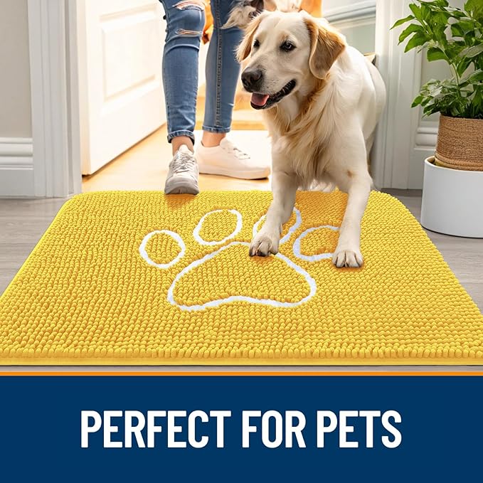 OLANLY Dog Door Mat for Muddy Paws 30x20, Paw Print Design Chenille Mud Mat | Yellow, Absorbent, Traps Moisture and Dirt, Non-Slip Washable Doormat, Quick-Drying Indoor Entryway Floor Carpet for Dogs