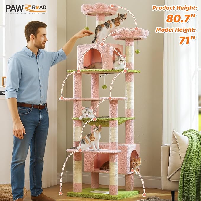 PAWZ Road 81" Flower Cat Tree Large Condo Hammock &2 Perches for Adult Cats | flower shape pink&green, 20"×16" hammock for maine cats, cute cat tower large condos,7 scratch posts & bottom scratcher