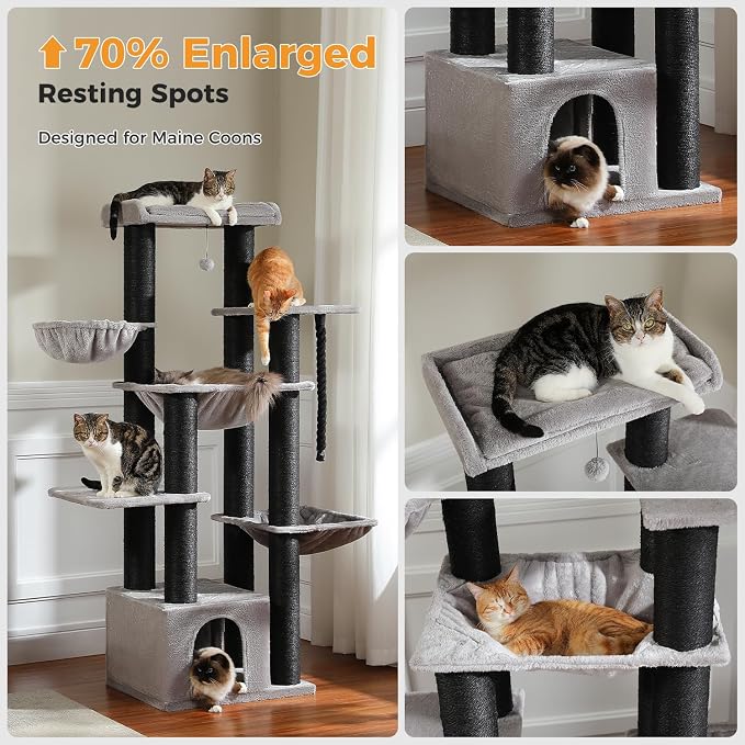 67" Cat Tree with 13 Thick Posts & 3 Hammocks, Maine Coon, Gray | 13 thick 4.3in sisal posts, XXL cozy cat condo, Extra large top perch, 3 spacious hammocks, Supports Maine Coon 20 lbs