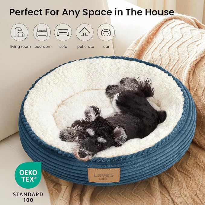 Love's cabin Round Donut Cat and Dog Cushion Bed, 24in Pet Bed for Small or Medium Dogs, Anti-Slip & Water-Resistant Bottom, Soft Durable Fabric Pet Beds, Washable Calming Cat Bed Dusty Blue