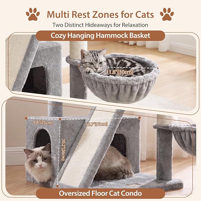 Heybly Compact Cat Tree with Big Scratcher, Stable Cat Tower HCT206SW | 27.2" Cat Furniture with 2 Top Perches, Floor Cat Condo, Cozy Hammock, Space-Saving Cat Activity Center, Light Gray