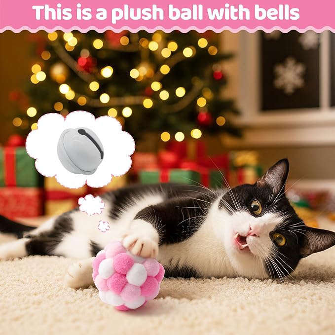 MALLMALL6 Christmas Stocking Cat Toys - 12Pcs Interactive Kitty Gifts Pink Xmas Hanging Stocking Feather Teaser Wand Mice Crinkle Bells Ball Spring Toys for Indoor Kitten