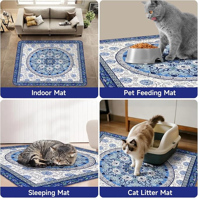 Cat Litter Mat, Reusable Kitty Litter Trapping Mat 2 PCs, 35"x35" Washable Litter Mats for Cats, Waterproof & Non-Slip Compatible with Cat Box (Indigo Blue Medallion, 35"x35"(2 PCS))