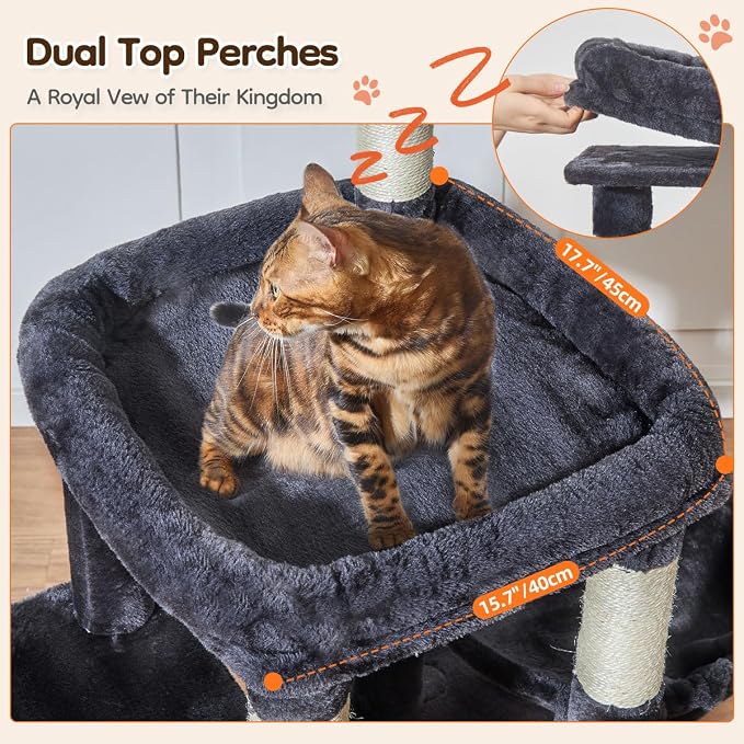 Taoqimiao 53.5in Cat Tree, Heavy Duty Sturdy Cat Tower for Indoor Cats S20G | Easy assembly, Extra Wide Base, Multi-level, 6 Scratching Posts, 2-Post Supported Baskets, Cozy Cave, 2 Perches, Smoke Gray