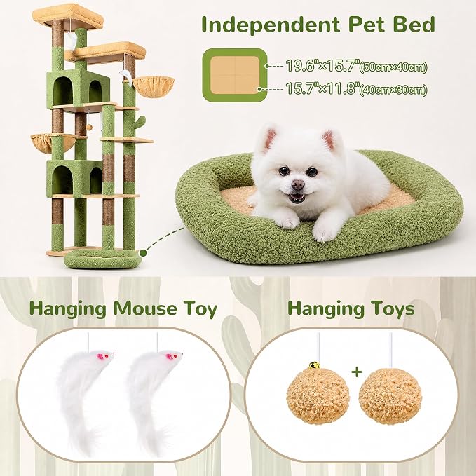 Globlazer Sturdy Extra Large Cactus Cat Tower for Indoor Cats, S81C, Green | 81 inch Heavy Duty Cat Tree for Indoor Large Adult with 8 Scratching Post, 2 Cat Condos, 2 Platform