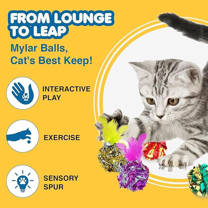 SunGrow Mylar Crinkle Balls with Feathers, 2.5-Inches, Shiny Stress Buster Crinkler, Suitable for Multiple Cats' Engagement, Ideal for Kittens and Grown-up Cats, 20-Pcs