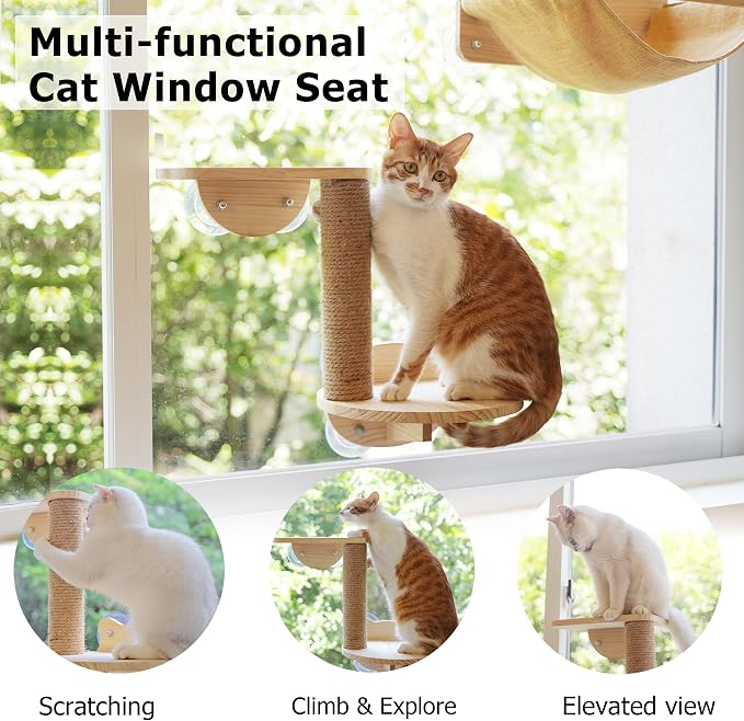 Cat Window Hammock Bed 4pcs/Set Cat Window Perch for Indoor Cats Seat with Two Shelves and One Scratching Post Sunction Cup Mounted | 4pcs/Set,Drill-Free,Hold Up to 40 lb,For Small to Medium Cat to Climb, Scratch, Rest and Watch Outside,Machine-Washabl...