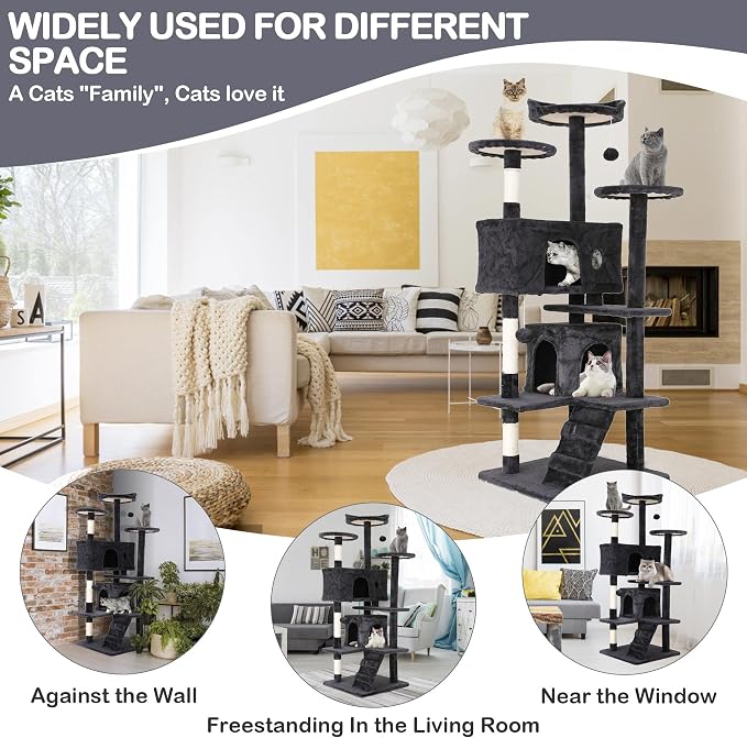 70'' Tall Multi-Level Cat Tree with Scratching Post, Platform, Condo, Tower and Funny Toy for Indoor Medium Cats