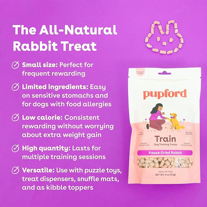 Pupford Freeze Dried Training Treats for Dogs & Puppies (Rabbit, 4 oz) | 475+ treats per bag, Ultra low-calorie, Only 2 ingredients, All breed sizes, Mess free and bite sized, Trainer recommended
