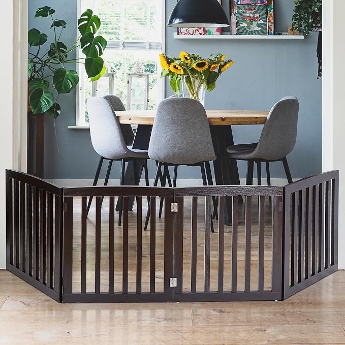 Extra Wide Dog Gate 24 Inch High Freestanding Indoor Pet Door for House Doorways Stairs Halls, Foldable Wood Outdoor Safety Fence 4 Panels, Coffee