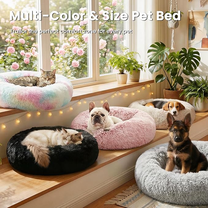 Love's cabin Calming Dog & Cat Bed, Cat Bed for Indoor Cats, Anti-Anxiety Donut Round Bed, Fluffy Warming Pet Bed for Small Medium Dogs and Cats, Beige Taupe 20"/24"