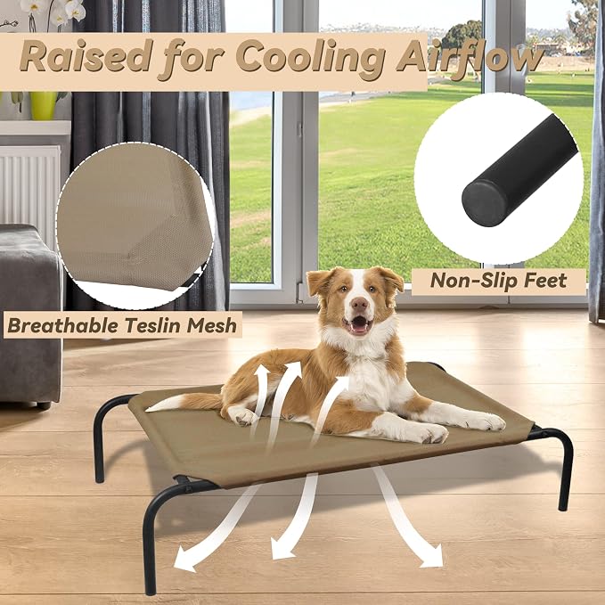 Heavy Duty Steel-Framed Portable Elevated Pet Bed, Elevated Cooling Pet Cot, 43.5" L x 25.5" W x 7.8" H(M, Brown)