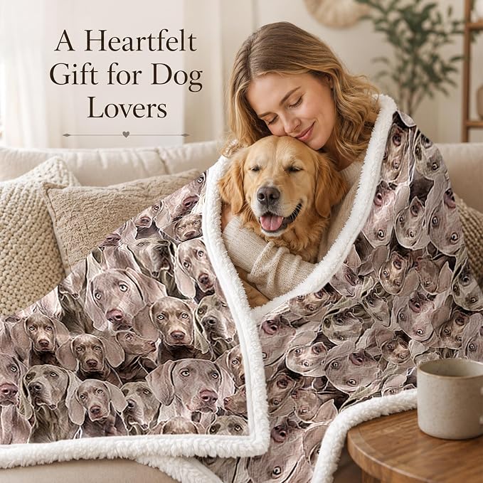 BlessLiving Weimaraner Brown Throw Blanket with Dense Dog Patterns Sherpa Fleece Blanket Couch Bed, Soft Cozy Warm Pet Blankets for Puppy Lovers Cute Animal Print Gift 50x60 Inches