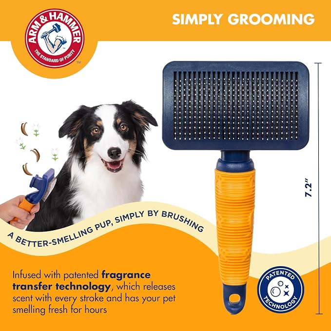 Arm & Hammer Deodorizing Slicker Dog Brush, Sweet Lily & Vanilla Scent | Fragrance transfer technology, baking soda infused, self-cleaning button, removes loose fur and tangles