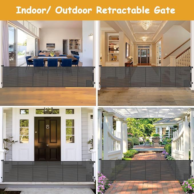 Reinforced 150” Extra Wide Retractable Baby Gate with Cat Door 12.5ft Outdoor Pet Gates for Wide Openings 37 Inch Tall Retractable Dog Gates for Doorways Long Pet Gate Indoor with Cat Door, Black