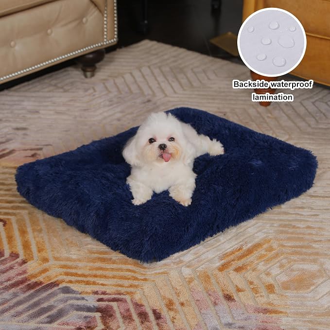 Bedfolks Waterproof Dog Crate Bed, Plush Dog Pad, 17"x12", Solid Dark Blue | Faux Fur Plush Cover, Zippered Removable Washable Outer, Waterproof Inner Lining, Non-Slip Base, Crate Pad and Dog Pillow