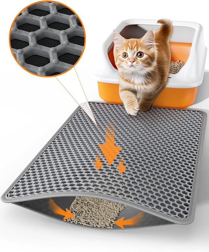 Powools Cat Litter Mat, Double-Layer, 23.2 x 14.6 in, Urine-Proof, Grey | Non-Slip Litter Trapping Mat, Easy to Clean, Kitty Litter Mats for Floor, Scatter Control, Waterproof Litter Box Mat for Cats