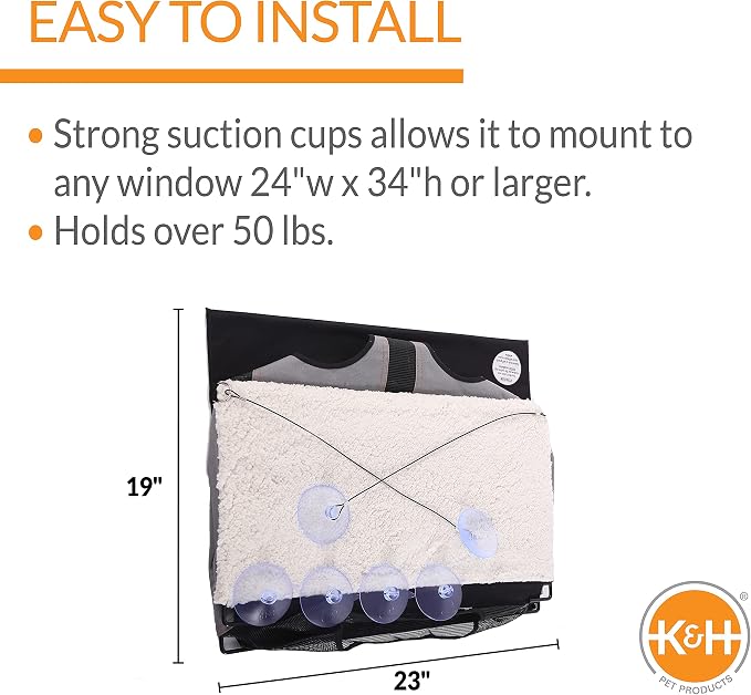 K&H Cat Window Perch, EZ Mount Window Penthouse Kitty Sill, 23x19in, Gray | 2-Level Cat Window Hammock Bed For Large Kitties, Fits 24in Wx34in H Glass, Steel Frame, Strong Suction Cups, Enclosed Condo