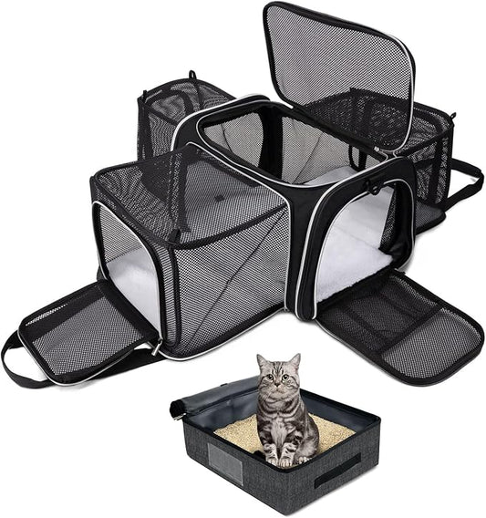BAGLHER Expandable Cat Carrier with Travel Litter Box, Pet Travel 5 Sides Open Doors 3 Sides, Leak-Proof and Collapsible, for Car, Airplane Trip, Black