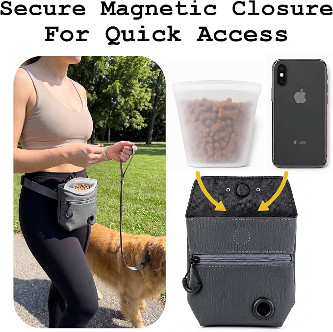 Dog Training Treat Pouch with Silicone Treat Bag, Magnetic Closure, Poop Bag Dispenser, Zippered Pocket, Metal Clip and Adjustable Waist Belt, Beige