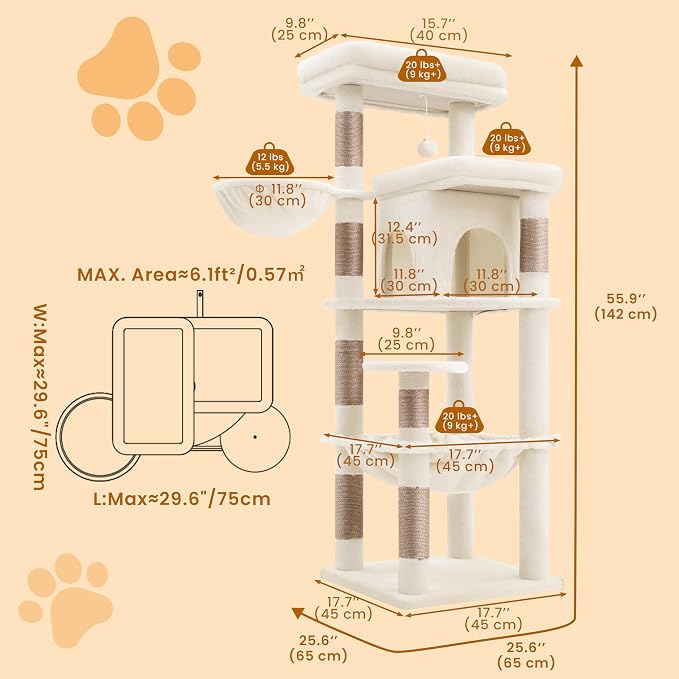 Heybly Cat Tree, 56" Multi-Level Easy Climb Tower for Large Cats HCT028MJ | Cat Furniture with 2 Perches, Cozy Hammock, Spacious Condo & Cat Basket, Durable Sisal Scratching Posts, Beige