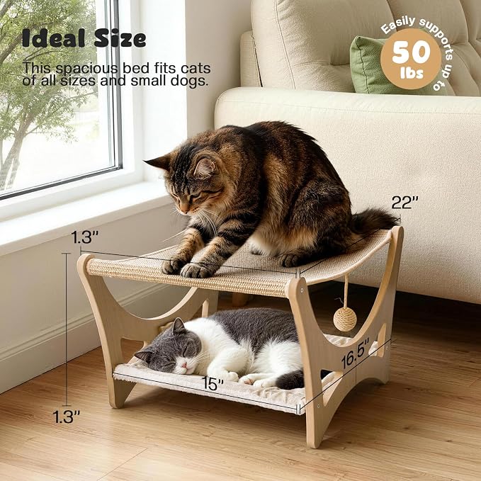 Double-Layer Cat Hammock Bed, Wooden Elevated Cat Beds with Natural Sisal Scratching Mat, Cats Scratcher Bed with Removable Soft Cushion, Cats Scratching Beds with Wood Frames