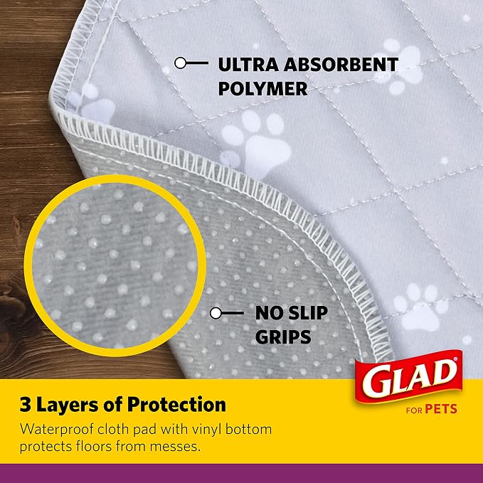 Glad for Pets Washable Dog Pee Pads, Medium, 24 x 36 Inch, 2 Count, Gray with Paw Prints, 3-Layer Leak Protection, No-Slip Vinyl Bottom, Reusable Puppy Training Pads (Pack of 2)