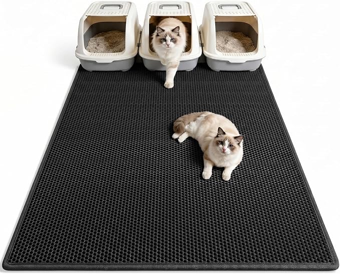 Pieviev Litter Box Mat, Double-Layer Waterproof Design, 47" x 36" Black | Honeycomb Litter Trapping Mat Captures Scattered Particles to Stop Tracking, Waterproof Base Protects Floors, Easy to Clean