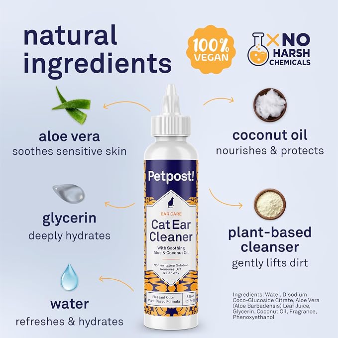 Petpost | Cat Ear Cleaner - Best Ear Remedy for Cats - Natural Coconut Oil Treatment Drops - Alcohol & Medicine Free - 8 oz.