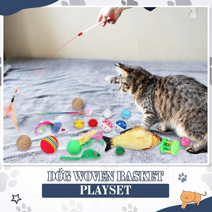 Zopeal 76 Pcs Cat Storage Basket Gift Toys Set Interactive Cat Toys Kitten Wand Colorful Flashing Balls Pet Crinkle Balls Attract Kitten to Swat, Hunt for Pet Indoor(Blue)
