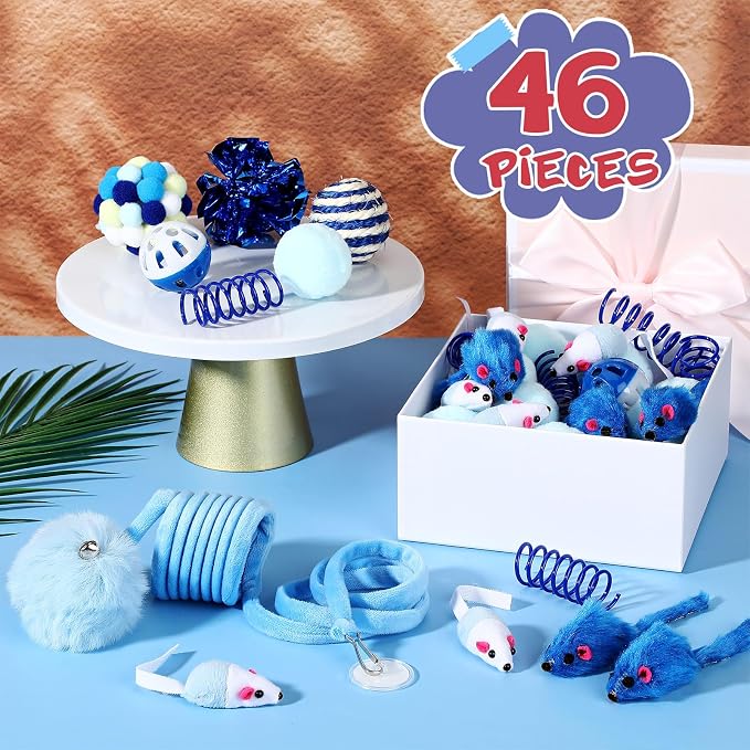 Gemscream 46 Pcs Cat Toys Set Interactive Cute Cat Toys Include Fur Mice Rattle Springs Crinkle Balls Pompom Bell Sisal Ball Puzzle Chase Toys for Kitten Indoor Stuff Gift(Blue)