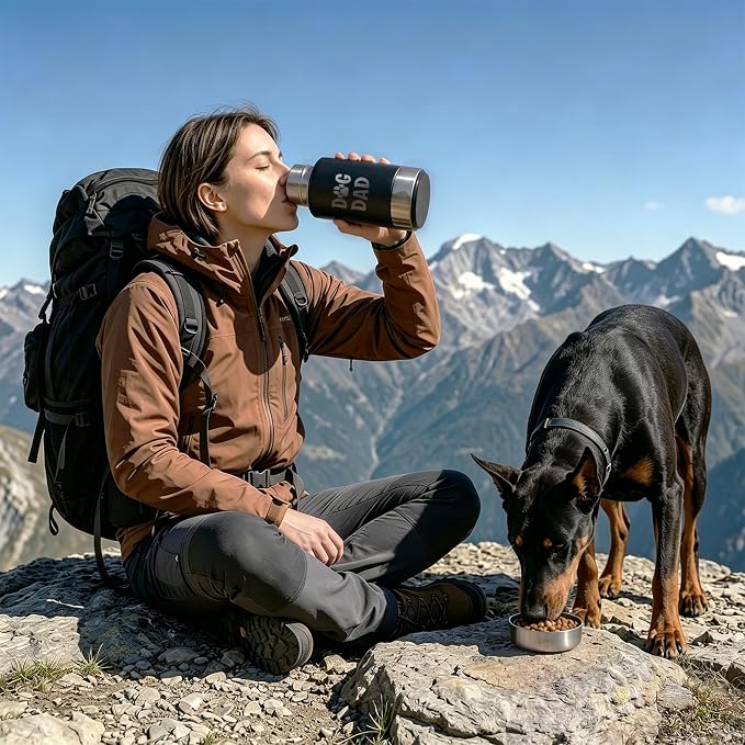 Dog Water Bottle 32oz, Insulated Stainless Steel Travel Water Dispenser with 2 Detachable Dog Bowls for Food and Water, Leak Proof Portable Pet Drinking Cup for Walking Hiking Camping