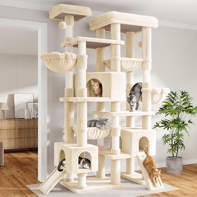 Sha Cerlin 87 in Multi-Level Tall Cat Tree Tower for Large Cats/Extra Wide Feline Activity Center/Sisal Scratching Posts/Wide Base/Cozy Plush Perches/Baskets/Hammocks/Toy Balls/Beige