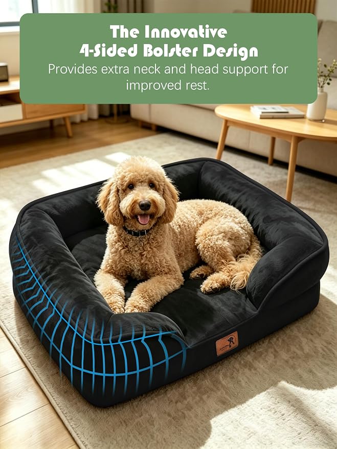 Spotted Play Orthopedic Dog Bed with Sides - Sofa Beds for Large Dogs, Supportive Foam Pet Couch Bed with Washable Removable Cover, Waterproof Lining and Non-Slip Bottom, Black - L-Plus