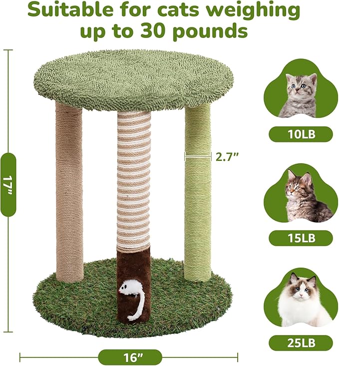 WOOCHPET 17" Small Cat Tree with Grass Base, 3 Sisal Scratching Posts & Top Perch, Cute Green Kitten Tower Platform, Small Cat Scratcher for Indoor Cats