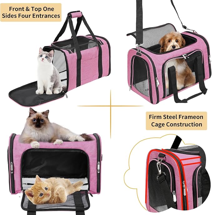 Soft-Sided Cat/Dog/Pet Carrier, Collapsible Pets Travel Carriers for Big Cats/Small Dogs with Shoulder Strap & Removable Mat, Mesh Puppy Carry Bag, Up to 25 Lbs (Pink)