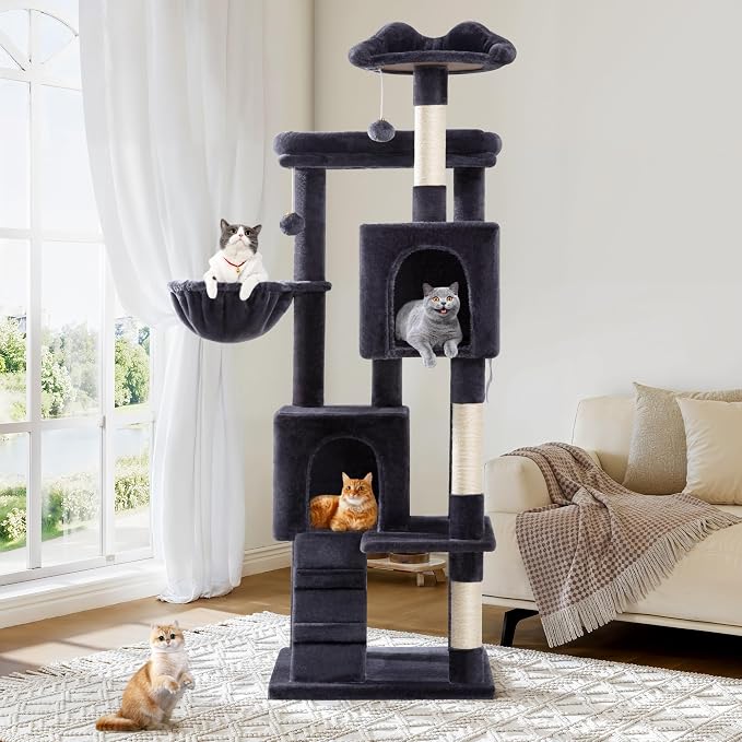 Allewie 64 Inches Multi-Level Cat Tree Tower for Indoor Cats, Dark Grey | Activity Center for Big Felines, 2 Plush Condos, 2 Perches, Cozy Basket, House, Sisal Scratching Posts, Hanging Cat Toys
