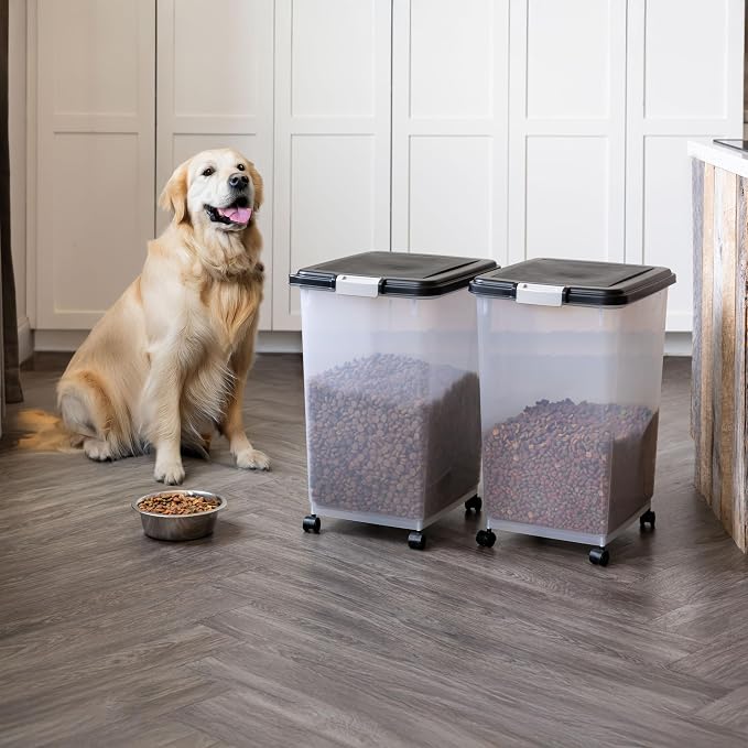 IRIS USA Dog Food Storage Container, 2-Pack, Up to 54 lbs, Black | Made in the USA, Comes w/ Wheels & 2-Cup Scoop, Airtight Seal, BPA-Free, Bird Seed, Cat food, Cat Litter, Multi-Pet Household