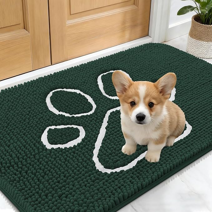 OLANLY Dog Door Mat for Muddy Paws 24x16, Paw Print Design Chenille Mud Mat | Blackish Green, Absorbent, Traps Moisture and Dirt, Non-Slip Washable Doormat, Quick-Dry Indoor Entryway Carpet for Dogs
