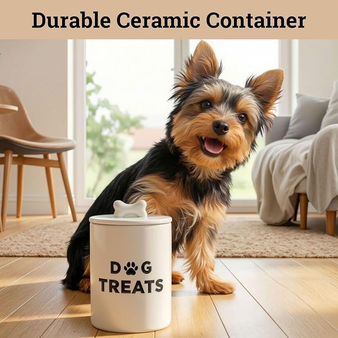 Ceramic Dog Treat Container Airtight - Ceramic Lid - 4 Cups - 4.3"W x 6.6"H | Airtight Ceramic Lid, Ceramic Bone Handle, Food Safe, Easy to Wash, Sturdy, Dishwasher Safe, Raised Design, 4 Cup Capacity
