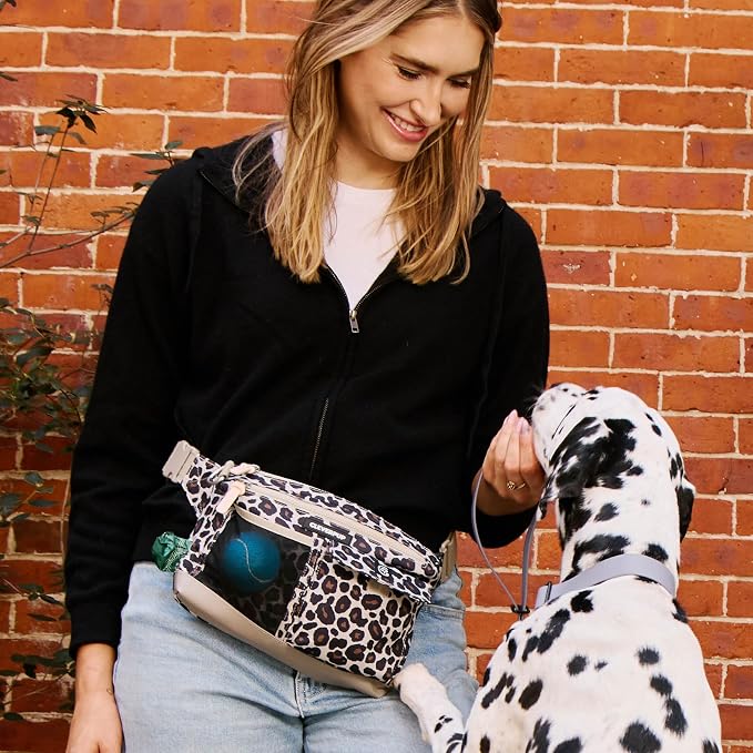 Walk & Train 2-in-1 Dog Walking Bag - Hands-Free Training Crossbody Sling & Fanny Pack with Treat Pouch, Poop Bag Holder, Phone Pockets - Adjustable Waist or Shoulder Strap - Leopard