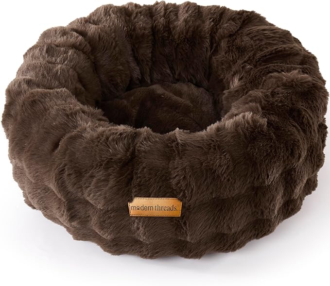 Modern Threads Calming Donut Dog Bed for Small Dogs, Plush Round Faux Fur Pet Bed with Raised Bolster, Soft Washable Dog Bed, 24x24x9, Chocolate Brown
