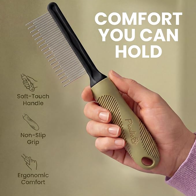 Poodle Grooming Comb - Metal Dematting Comb with Long & Short Stainless Steel Teeth for Removing Matted Hair & Knots, Safe and Gentle for Dogs & Cats (Green)
