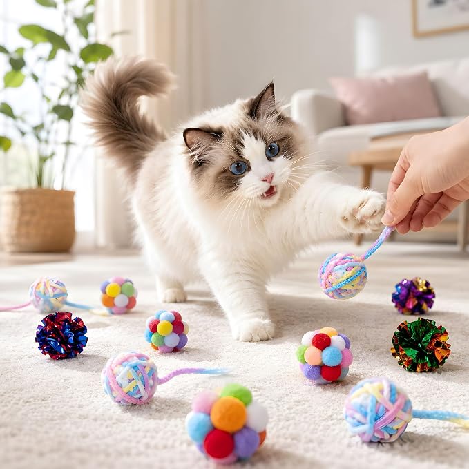 12 Pack 1.7 Inch Cat Toy Balls, Assorted Wool Yarn, Bell & Crinkle Balls for Indoor Cats & Kittens, Interactive Colorful Set